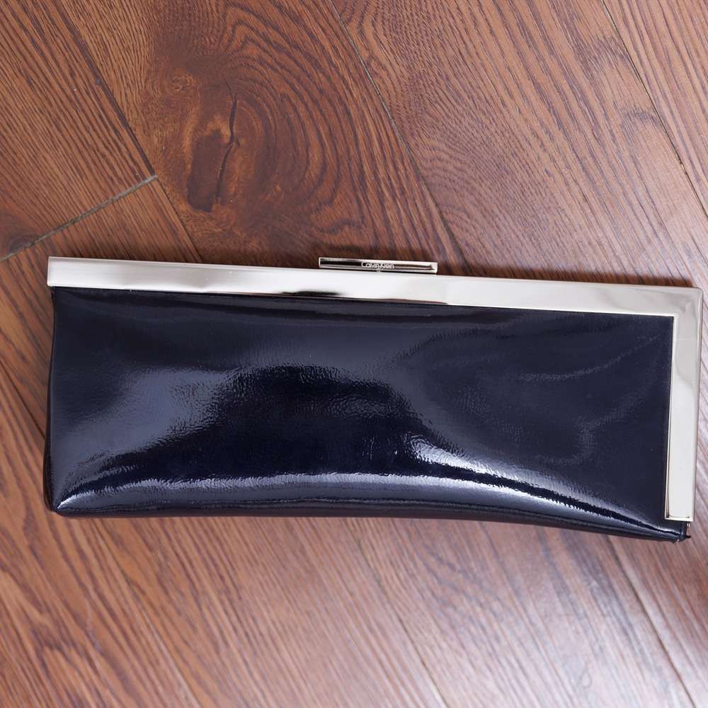 Calvin Klein Navy Blue Patent Leather Evening Clutch Bag Silver Frame Handbag